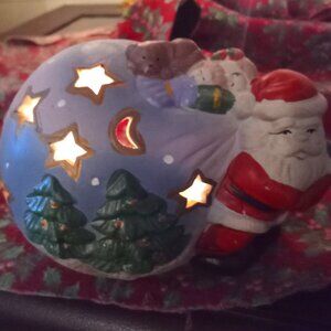 Santa with Toy Bag Ceramic Tealight Candle Holder Christmas Decor Holiday Light